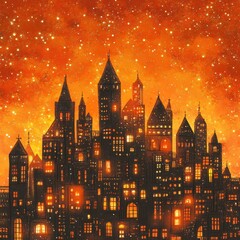Fototapeta premium Orange Sky Cityscape Nighttime Buildings Illuminated