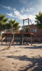 Fototapeta premium Abandoned playground equipment in an empty square, empty space, desolate landscape, city park