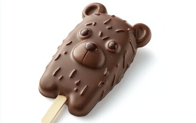 A chocolate ice cream bar shaped like a bearâ???s face, with candy eyes and a chocolate drizzle on a clean white background
