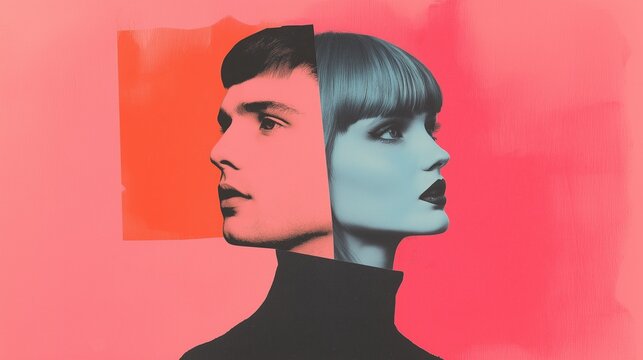 Abstract Collage Art of Dual Faced Portraits with Bold Color Contrast in Private Online Correspondence Setting, Combining Modern Digital Aesthetics and Expressionism in Vibrant Pink and Blue