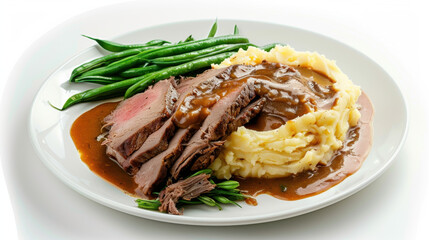 plate of roast beef with mashed potatoes and beans