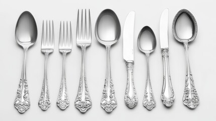 Fototapeta premium Cutlery includes forks, knives, and spoons. Forks and spoons are often set on a white background.