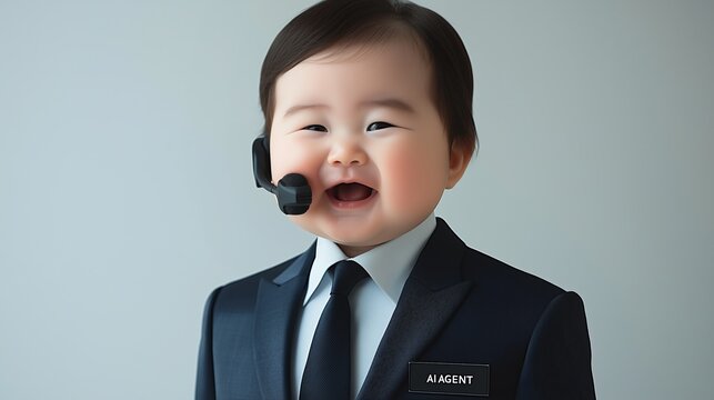 An AI agent customer service representative in a call center dressed as a funny child sales assistant rep, symbolizing communication and online associate support