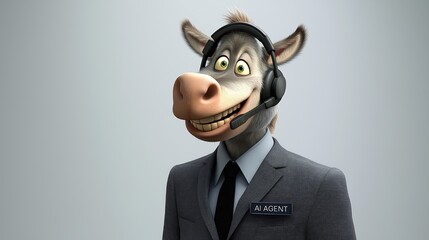 An AI agent customer service representative in a call center dressed as a funny donkey sales assistant rep, symbolizing agentic communication and online associate support