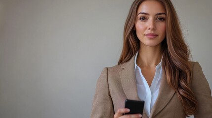 Fototapeta premium Confident Woman Holding Smartphone Professional Attire