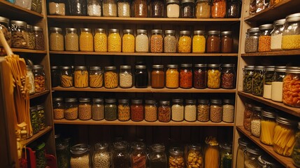 Obraz premium A clean kitchen pantry with jars of grains, pasta, and canned goods neatly arranged