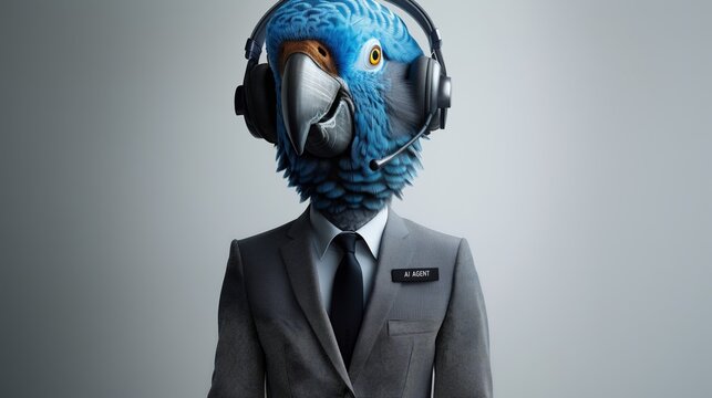 An AI agent customer service representative in a call center dressed as a funny parrot sales assistant rep, symbolizing communication and online associate support - Powered by Adobe