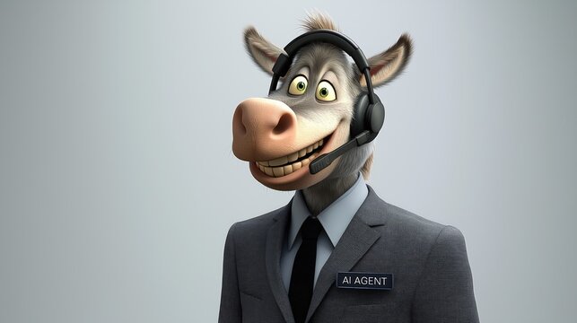 An AI agent customer service representative in a call center dressed as a funny donkey sales assistant rep, symbolizing agentic communication and online associate support