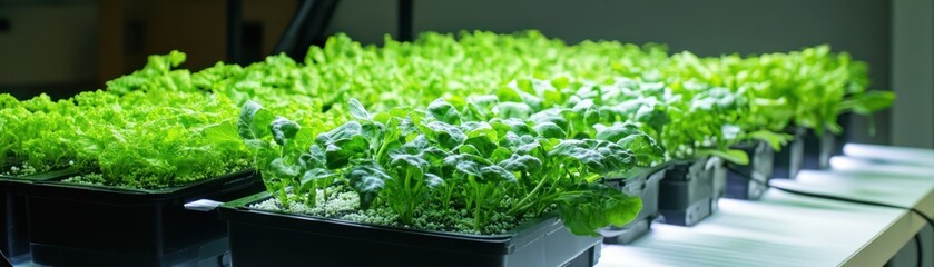 Fototapeta premium Indoor hydroponic lettuce farm under LED grow lights