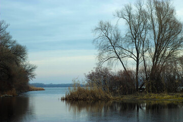 Obraz premium a beautiful shot of a lake surrounded by trees in the middle of the autumn forest
