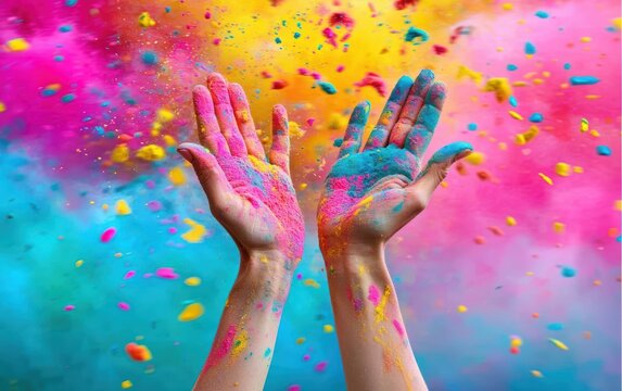 A close-up of hands covered in vibrant Holi powder, with a colorful explosion of pink, yellow, and blue in the background