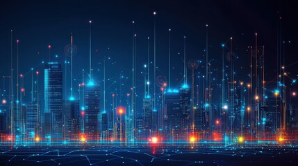 Fototapeta premium Futuristic Urban Landscape with Bright Laser Lights and Digital Connectivity in a Nighttime City Scene Representing Technology and Innovation