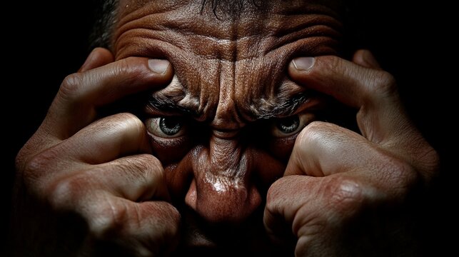 Intense Gaze: A man's face is obscured by his hands, revealing only piercing eyes that stare directly at the camera. The low-key lighting and deep shadows accentuate the intensity of his gaze.