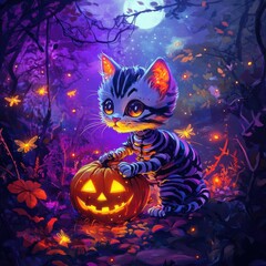 Fototapeta premium Cute Cat in Halloween Costume with Pumpkin