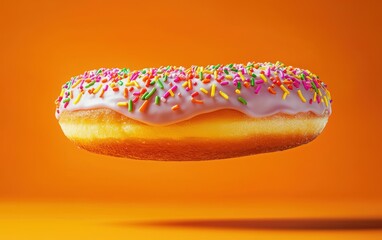 A colorful donut with neon icing and sprinkles, floating mid-air on a vibrant orange backdrop
