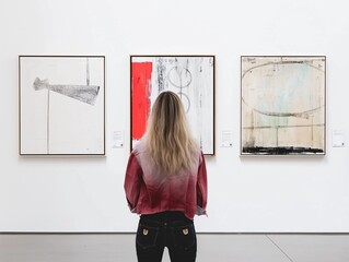 Woman looking at contemporary paintings in an art gallery