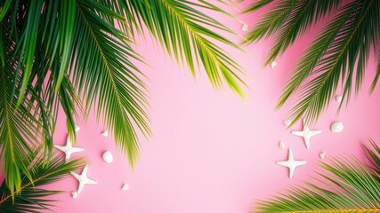Pink background with tropical palm fronds and starfish