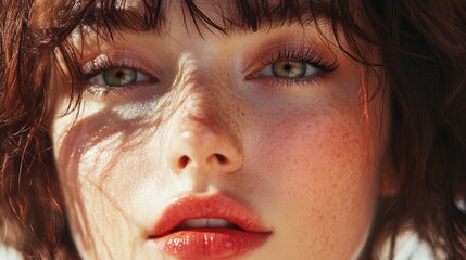 Closeup Portrait Freckled Woman Red Hair Sunlit Skin