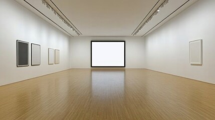 Obraz premium Modern art gallery interior with blank canvases and wooden floor.