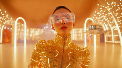 Futuristic female model illuminated by neon LED lighting in a high fashion, sci-fi aesthetic.