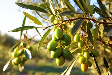 Green olives growing on the bush