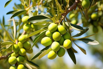 Green olives growing on the bush