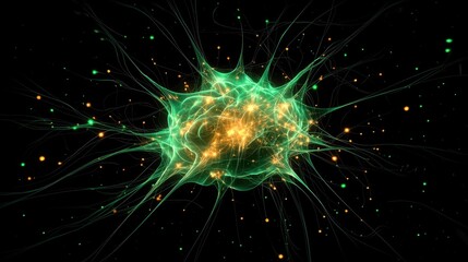 Fototapeta premium Glowing Cell with Neural Connections and Bright Particles in a Dark Background, Representing Biological Activity and Cellular Communication in a Futuristic Style