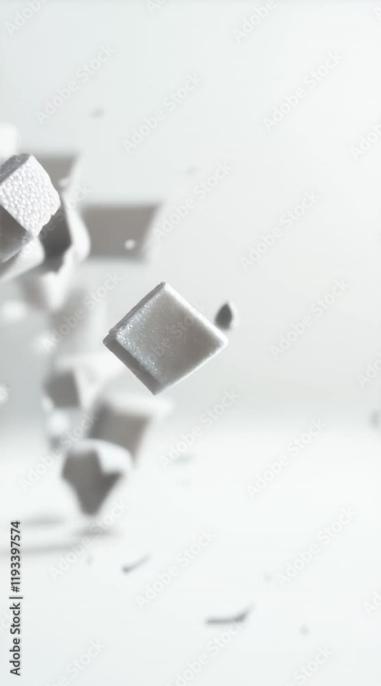 Poster falling and rotating white sugar cubes on a light gray background symbolize sugar consumption, reduc
