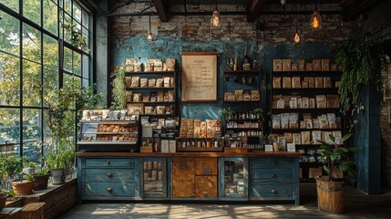 Cozy rustic coffee shop with wooden shelves