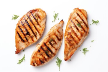 Grilled chicken breast slices top view isolated on white
