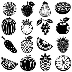 Collection of fruit images in black and white