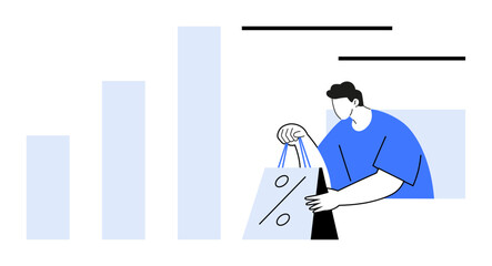Man wearing blue shirt holding shopping bags with discount percentage symbol, next to upward bar chart. Ideal for e-commerce, online shopping, sales promotion, marketing, financial growth, consumer