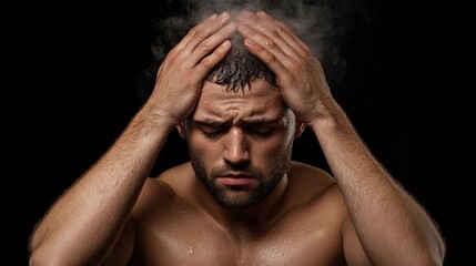 Man in Exhaustion: A man's face contorted with exertion, steam rising from his head, his body drenched in sweat as he clutches his head in exhaustion.  A gritty, raw portrayal of physical exhaustion.