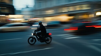 A motorcyclist rides through a vibrant city street at night, captured with motion blur. The scene highlights urban activity, transportation, and the dynamic pace of city living.
