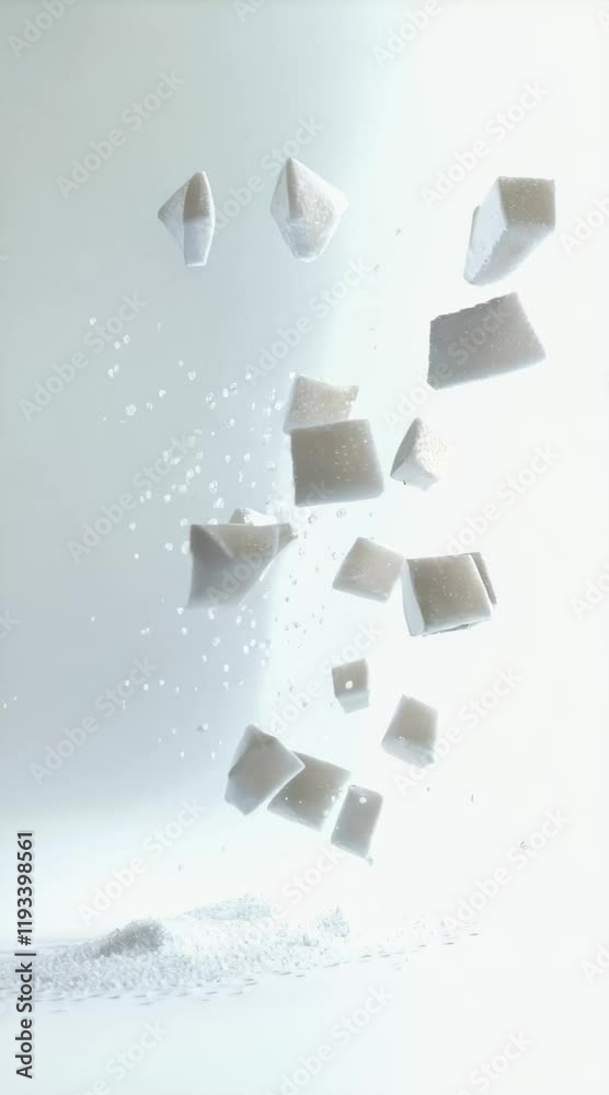 Poster numerous sugar cubes are falling and scattering granulated sugar on a white background, creating a v