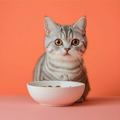 american shorthair cat with wet food bowl cute kitten on peach background premium cat food  ad