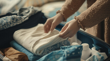 Obraz premium Close-Up of a Woman's Hands Carefully Packing Clothes into a Suitcase, Featuring Neatly Folded Garments and a Cozy Atmosphere, Perfect for Travel and Lifestyle-Themed Photography