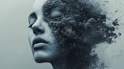 Surreal Image of Face Dissolving into Particles Illustrates Transformation and Fragmentation in Fine Art Conceptual Photography, Highlighting the Ephemeral Nature of Identity and Existence