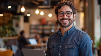 Obraz premium Smiling Man With Laptop In Modern Coffee Shop