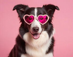 Fototapeta premium pet dog with pink glasses on pink background, Happy Valentine's Day