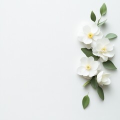 Obraz premium A delicate white flower with vibrant green leaves rests elegantly on a pristine white surface, showcasing nature's beauty and simplicity.