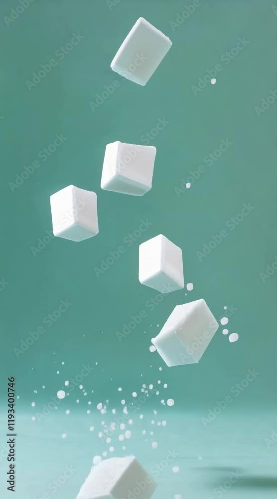 Poster white sugar cubes are falling and crumbling against a turquoise background, representing the concept
