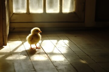 Soft and Natural Shot of a Young Chick Taking Its First Steps on a Wooden Floor with Warm Lighting After Hatching in a Charming Environment