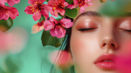 Naklejka premium serene portrait of woman surrounded by vibrant pink flowers, showcasing natural beauty and tranquility