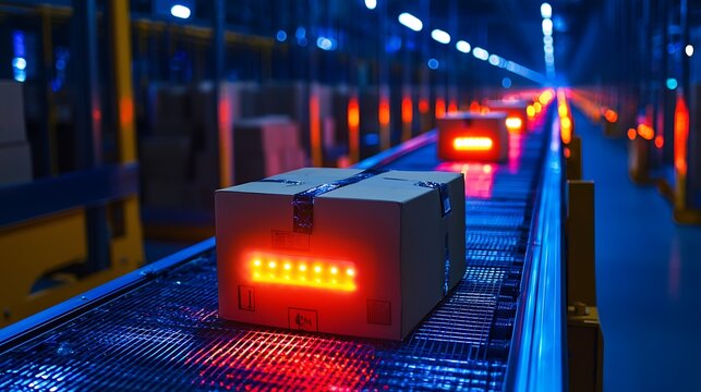 Automated warehouse with illuminated packages moving on conveyor belts in a high-tech environment