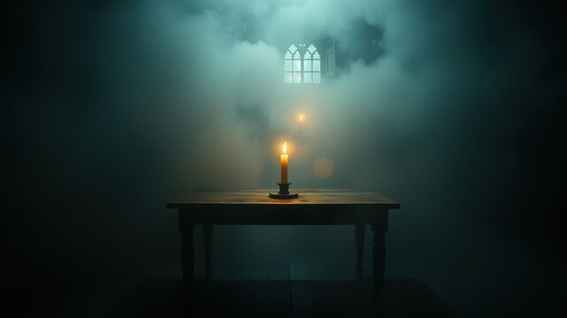 A single candle burns brightly on a rustic wooden table in a dimly lit room, shrouded in mysterious fog with a distant gothic window