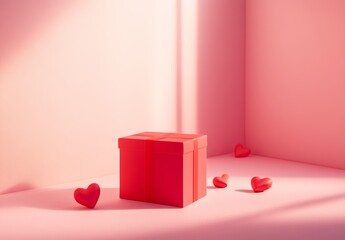 A small red gift box with heart-shaped decorations on the lid, placed against a pink background