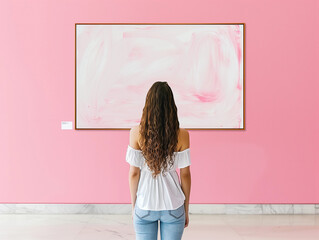 Woman looking at a pink contemporary artwork