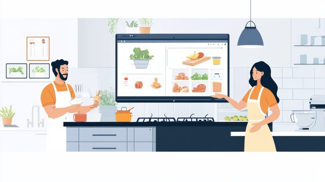 A couple streaming a live cooking class in their modern kitchen, symbolizing culinary exploration and digital learning, Cooking class scene