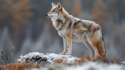 Obraz premium A wolf gazes to the side, framed by trees adorned with vibrant yellow leaves in the background.